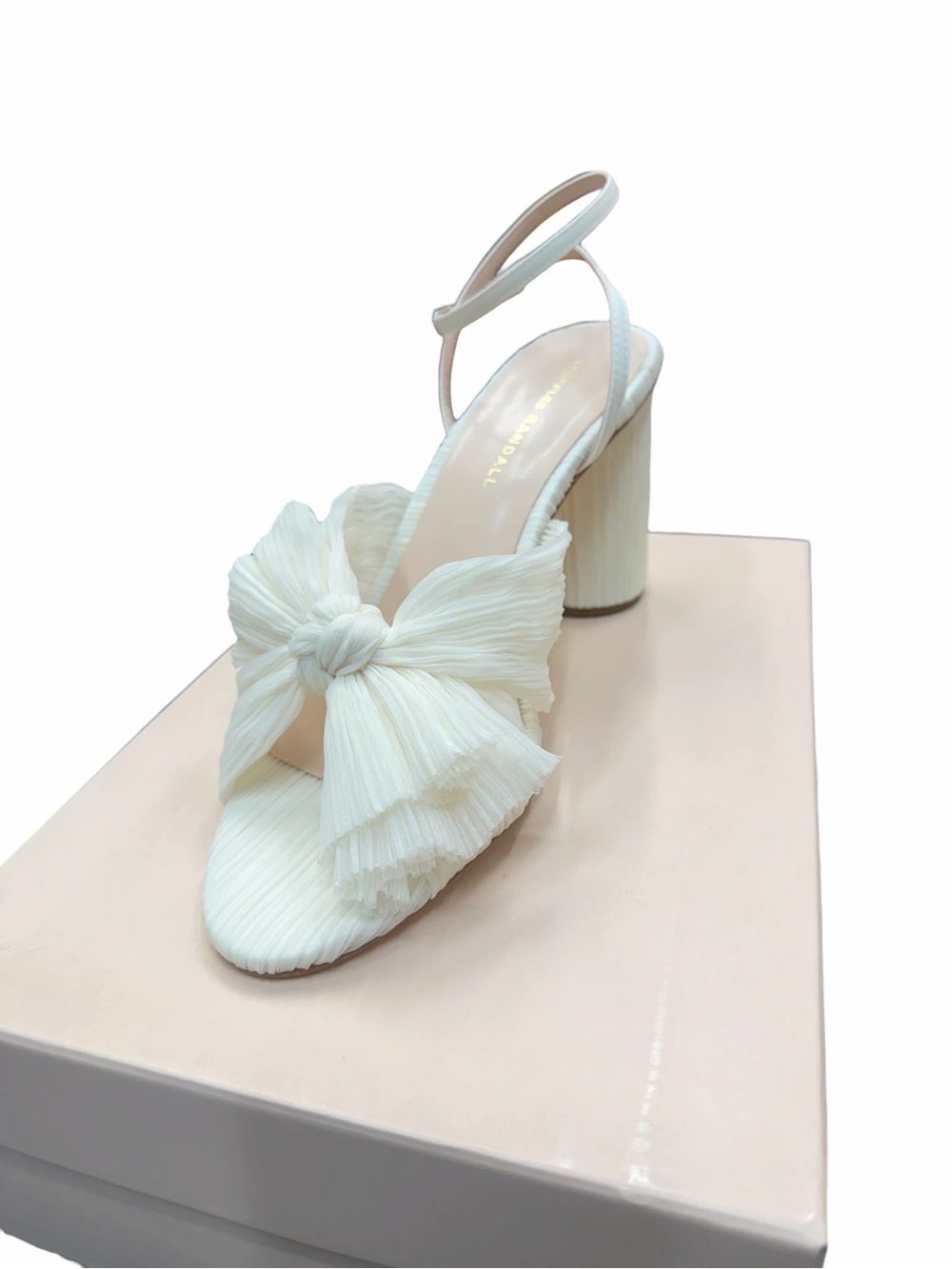 Authentic Loeffler Randall Camellia Pleated Bow Heel in Pearl, Brand new in box